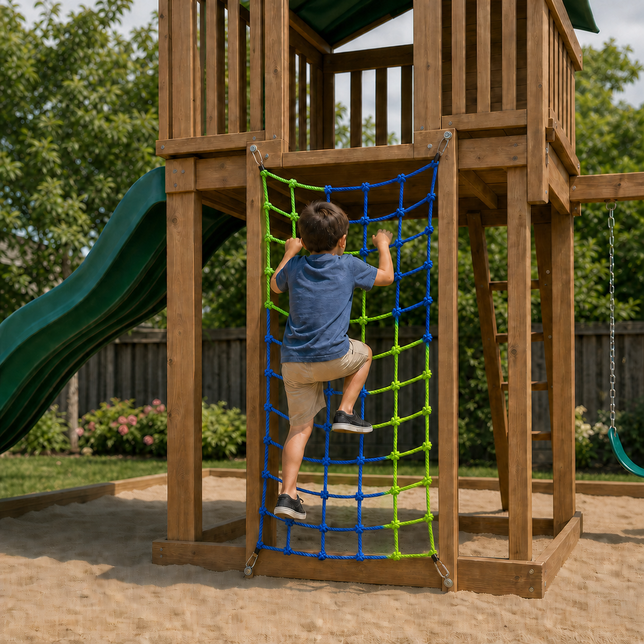 A child climbing a flexible DOVACS net with a green diagonal center and substantial blue opposing corner fields