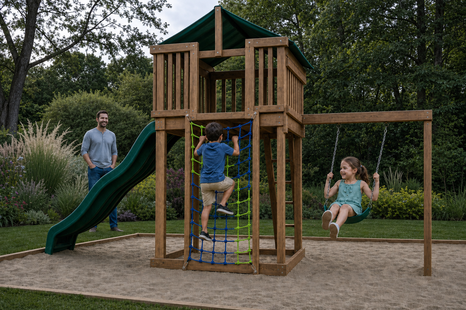 A child climbing a blue and green DOVACS handmade climbing net on a backyard play structure